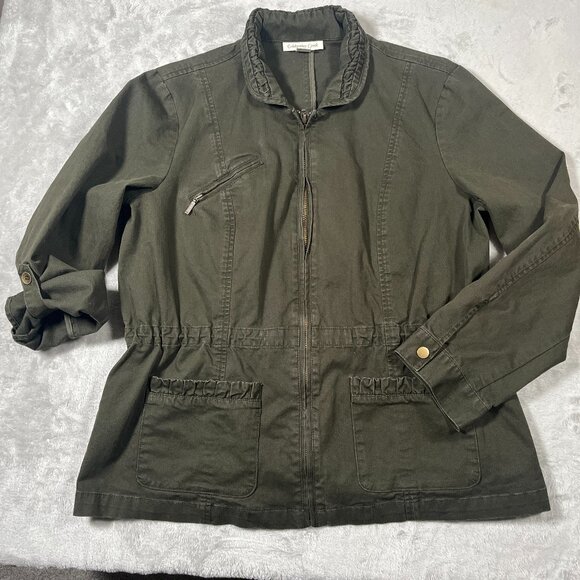 Coldwater Creek Collared Jacket Women 14P Army Green Cinch Waist Roll Tab Sleeve - Picture 1 of 10